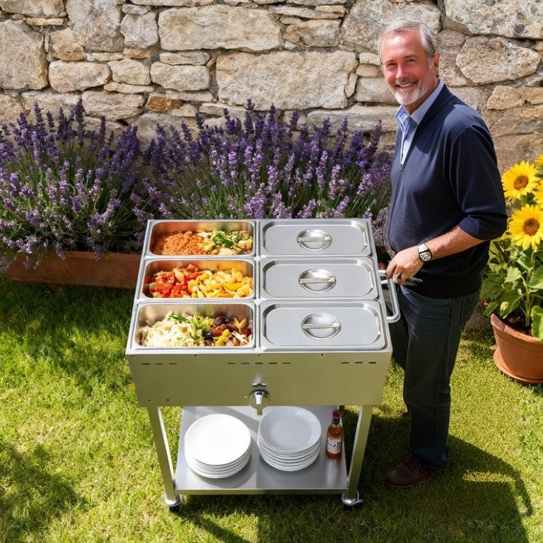 English Elm Outdoor Propane Steam Table Stainless Steel 10000 BTU Mobile Buffet Food Warmer W5057P394276