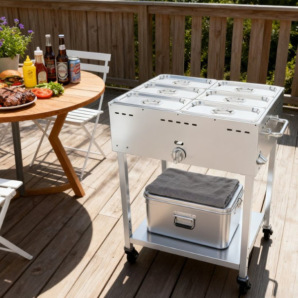 English Elm Outdoor Propane Steam Table Stainless Steel 10000 BTU Mobile Buffet Food Warmer W5057P394276