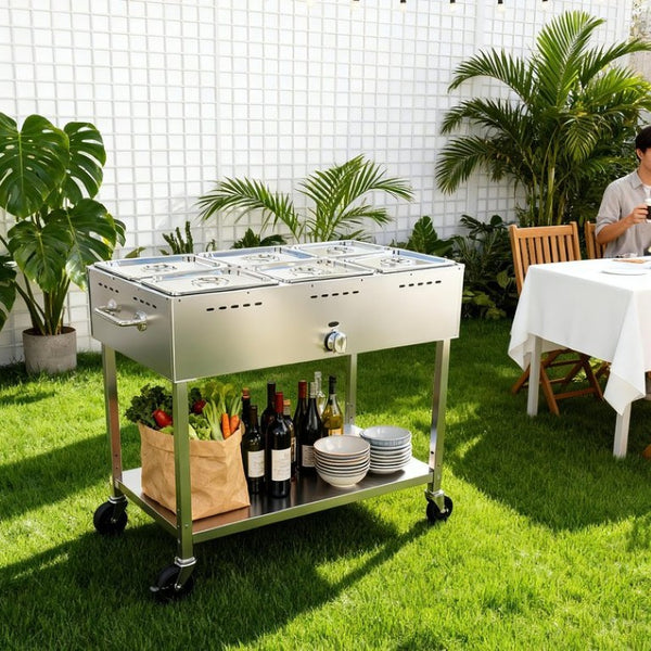 English Elm Outdoor Propane Steam Table Stainless Steel 10000 BTU Mobile Buffet Food Warmer W5057P394276