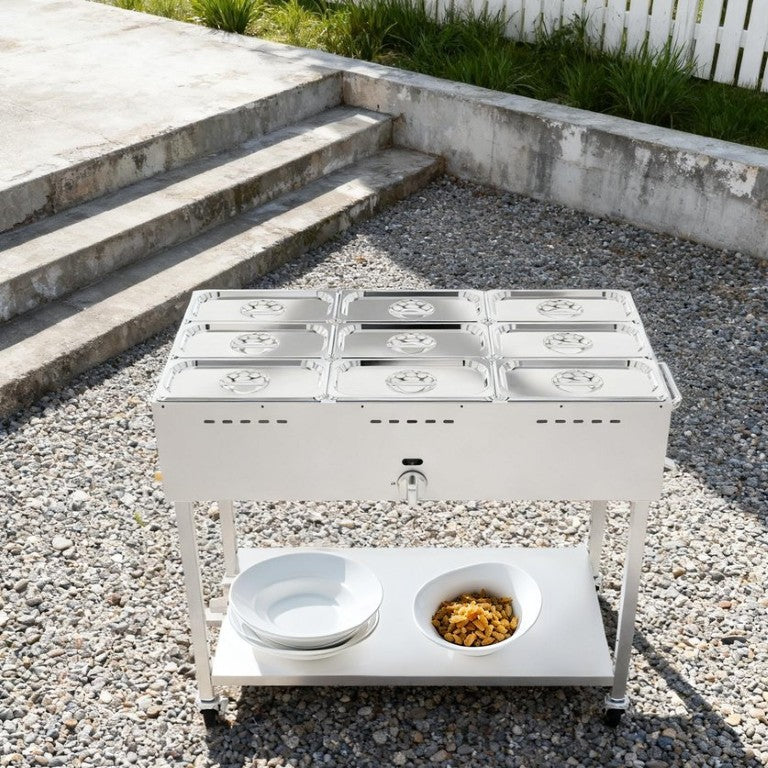English Elm 9-Pan Propane Steam Table Stainless Steel Food Warmer with Drain Valve and Wheels W5057P394279