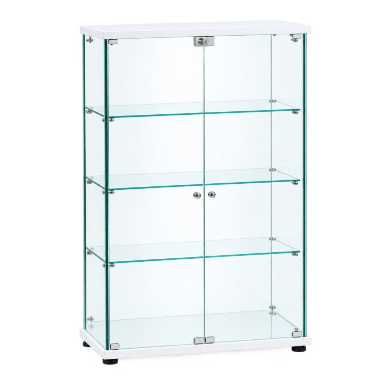 English Elm White Glass Display Cabinet with RGB Lighting Lockable Doors and Adjustable Shelves W5057S00001