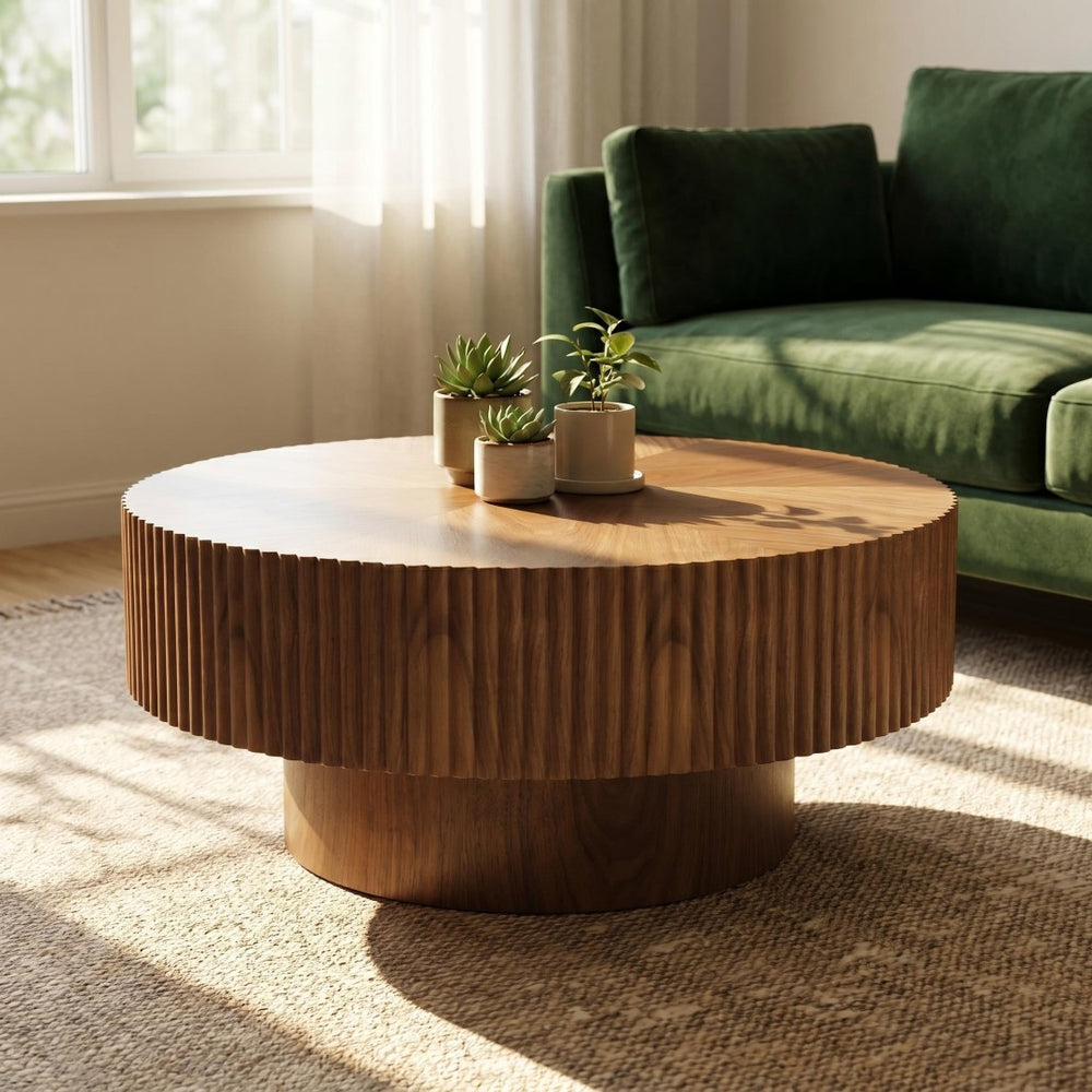 English Elm 31.49 Round Walnut Pedestal Coffee Table Handcrafted Modern Accent for Small Living Rooms W5098P516117
