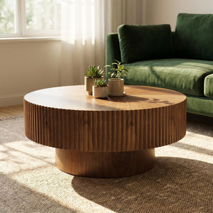 English Elm 31.49 Round Walnut Pedestal Coffee Table Handcrafted Modern Accent for Small Living Rooms W5098P516117