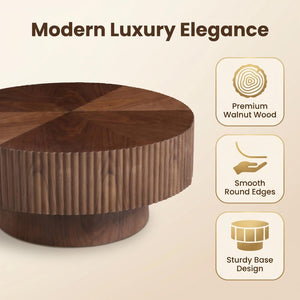 English Elm 31.49 Round Walnut Pedestal Coffee Table Handcrafted Modern Accent for Small Living Rooms W5098P516117
