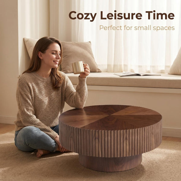English Elm 31.49 Round Walnut Pedestal Coffee Table Handcrafted Modern Accent for Small Living Rooms W5098P516117
