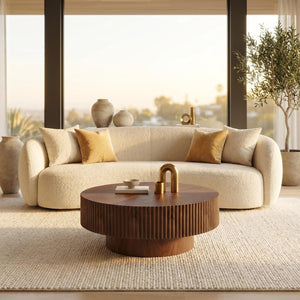 English Elm 31.49 Round Walnut Pedestal Coffee Table Handcrafted Modern Accent for Small Living Rooms W5098P516117