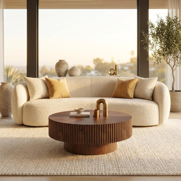 English Elm 31.49 Round Walnut Pedestal Coffee Table Handcrafted Modern Accent for Small Living Rooms W5098P516117