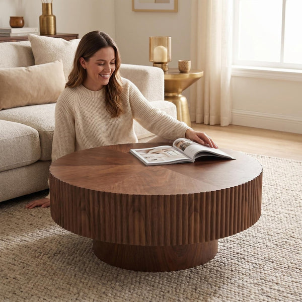 English Elm 31.49 Round Walnut Pedestal Coffee Table Handcrafted Modern Accent for Small Living Rooms W5098P516117
