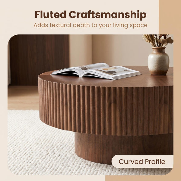 English Elm 31.49 Round Walnut Pedestal Coffee Table Handcrafted Modern Accent for Small Living Rooms W5098P516117