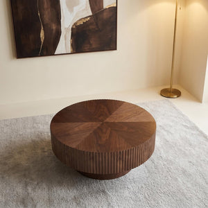 English Elm 31.49 Round Walnut Pedestal Coffee Table Handcrafted Modern Accent for Small Living Rooms W5098P516117