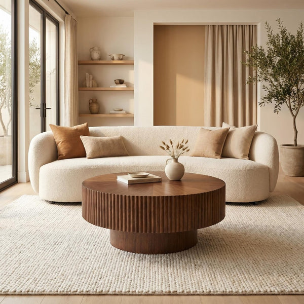 English Elm 31.49 Round Walnut Pedestal Coffee Table Handcrafted Modern Accent for Small Living Rooms W5098P516117