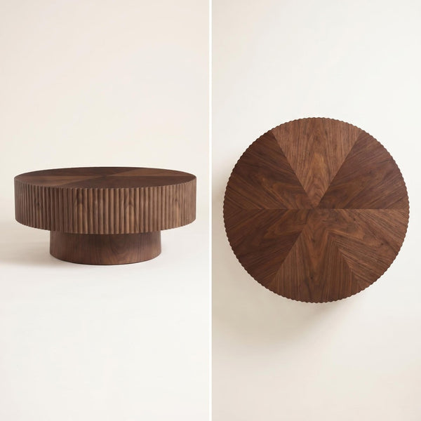 English Elm 31.49 Round Walnut Pedestal Coffee Table Handcrafted Modern Accent for Small Living Rooms W5098P516117