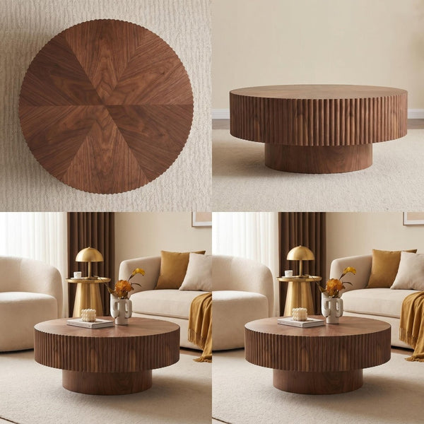 English Elm 31.49 Round Walnut Pedestal Coffee Table Handcrafted Modern Accent for Small Living Rooms W5098P516117