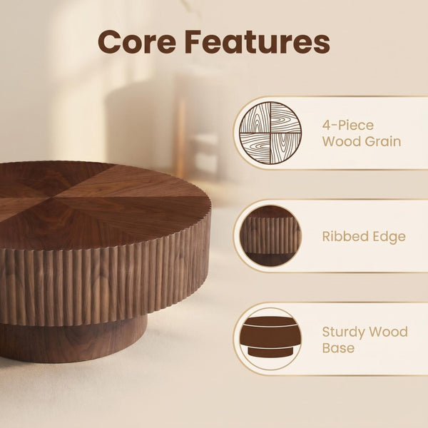 English Elm 31.49 Round Walnut Pedestal Coffee Table Handcrafted Modern Accent for Small Living Rooms W5098P516117