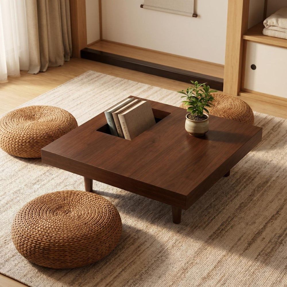 English Elm Square Walnut Finish Coffee Table with Pedestal Base for Low Seating Living Rooms W5098P516127