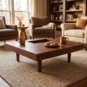 English Elm Square Walnut Finish Coffee Table with Pedestal Base for Low Seating Living Rooms W5098P516127