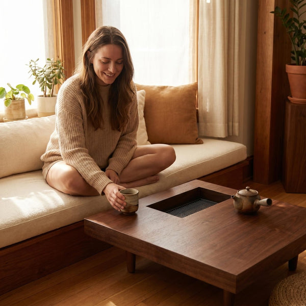 English Elm Square Walnut Finish Coffee Table with Pedestal Base for Low Seating Living Rooms W5098P516127