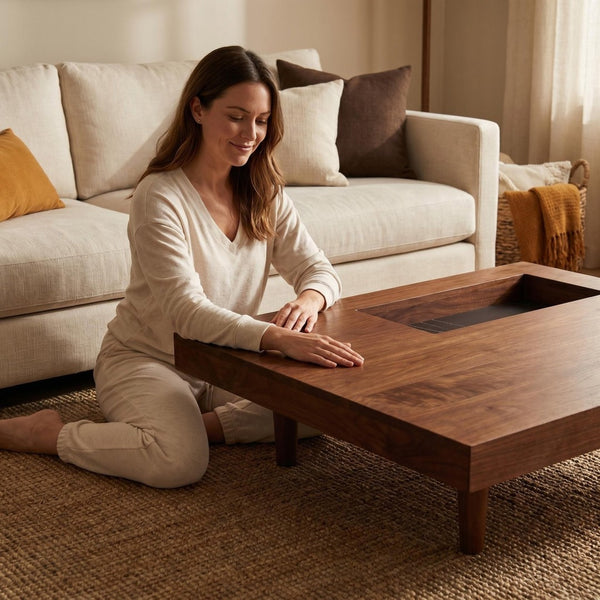 English Elm Square Walnut Finish Coffee Table with Pedestal Base for Low Seating Living Rooms W5098P516127