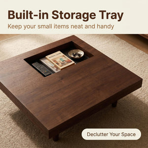 English Elm Square Walnut Finish Coffee Table with Pedestal Base for Low Seating Living Rooms W5098P516127