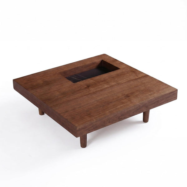 English Elm Square Walnut Finish Coffee Table with Pedestal Base for Low Seating Living Rooms W5098P516127