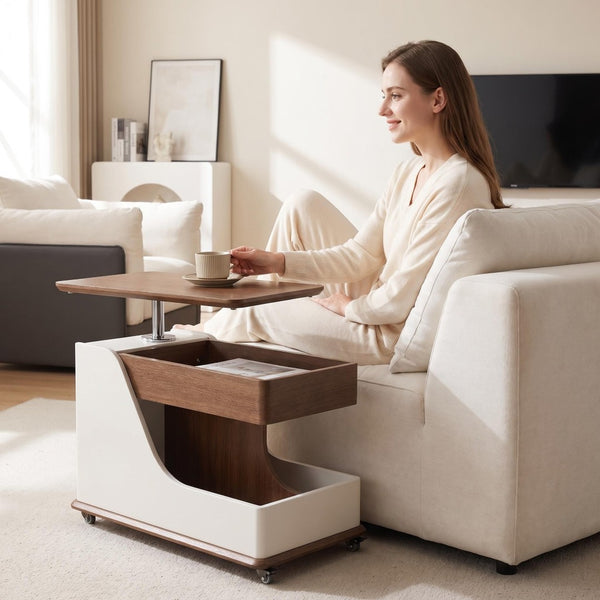 English Elm A Lift Top Rolling Side Table with Storage in Walnut Two Tone for Small Spaces W5098P516154