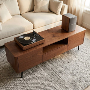 English Elm 70.8-Inch Walnut Veneer TV Stand with Iron Legs Soft-Close Doors for Living Room W5098P533736