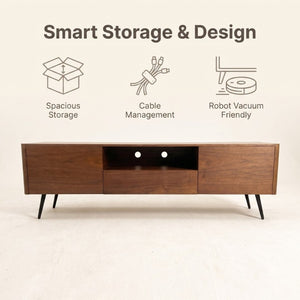 English Elm 70.8-Inch Walnut Veneer TV Stand with Iron Legs Soft-Close Doors for Living Room W5098P533736