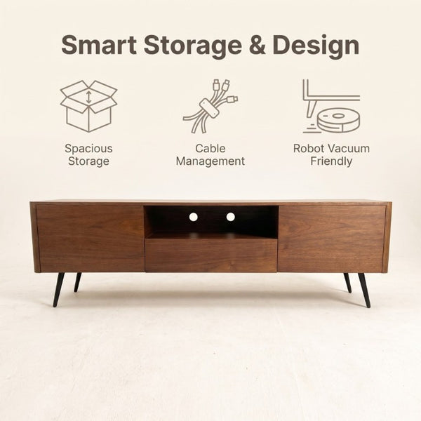 English Elm 70.8-Inch Walnut Veneer TV Stand with Iron Legs Soft-Close Doors for Living Room W5098P533736