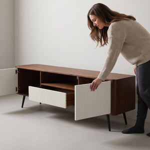 English Elm 70.8-Inch Two-Tone Media Console with Soft-Close Doors and Iron Legs for Living Rooms W5098P533739