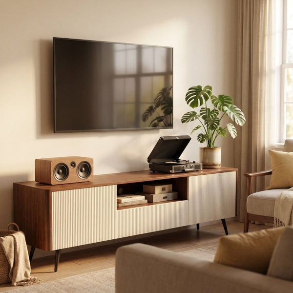 English Elm 70.8-Inch Two-Tone Media Console with Soft-Close Doors and Iron Legs for Living Rooms W5098P533739