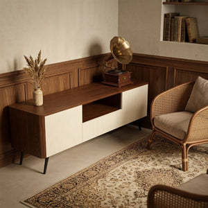 English Elm 70.8-Inch Two-Tone Media Console with Soft-Close Doors and Iron Legs for Living Rooms W5098P533739