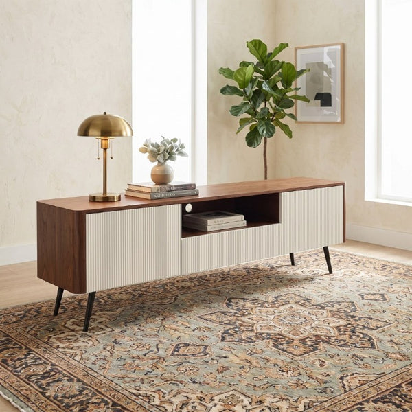 English Elm 70.8-Inch Two-Tone Media Console with Soft-Close Doors and Iron Legs for Living Rooms W5098P533739