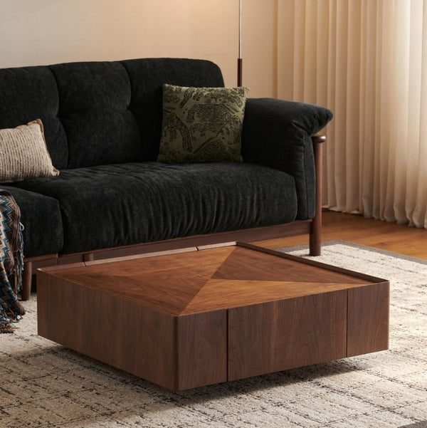 English Elm 39.3-Inch Square Walnut Coffee Table Low Profile Mid-Century Modern Living Room Accent W5098P533758