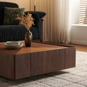 English Elm 39.3-Inch Square Walnut Coffee Table Low Profile Mid-Century Modern Living Room Accent W5098P533758