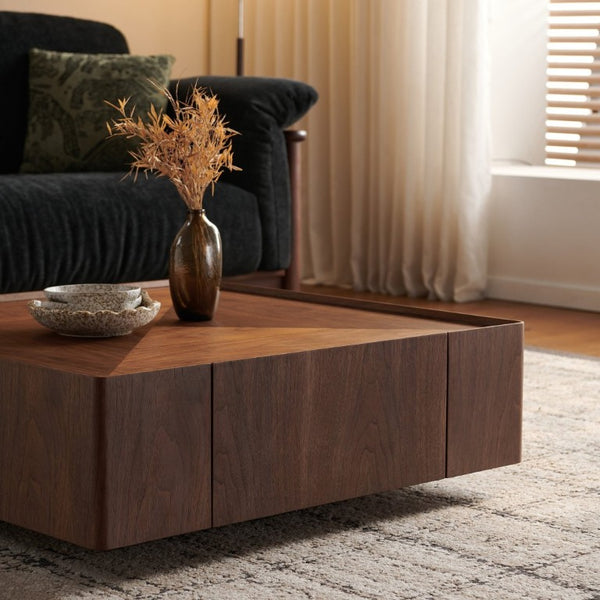 English Elm 39.3-Inch Square Walnut Coffee Table Low Profile Mid-Century Modern Living Room Accent W5098P533758