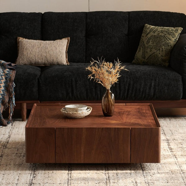 English Elm 39.3-Inch Square Walnut Coffee Table Low Profile Mid-Century Modern Living Room Accent W5098P533758