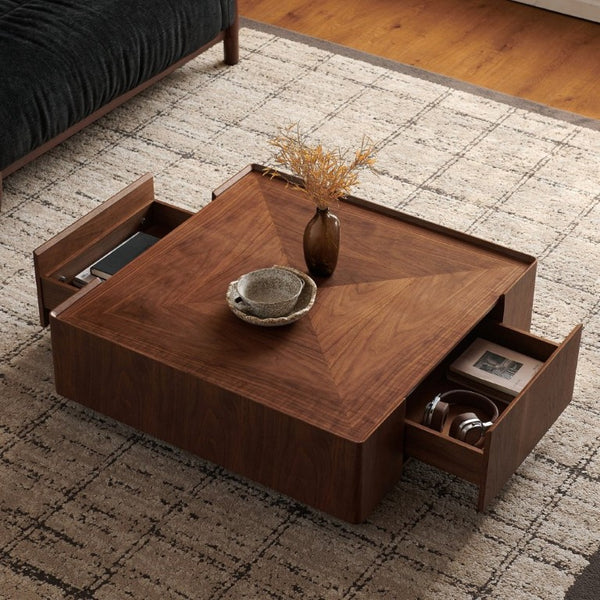 English Elm 39.3-Inch Square Walnut Coffee Table Low Profile Mid-Century Modern Living Room Accent W5098P533758