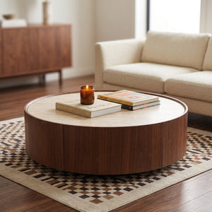 English Elm 39.3 Round Sintered Stone Coffee Table Walnut Veneer Travertine Top with Hidden Drawer W5098P533759