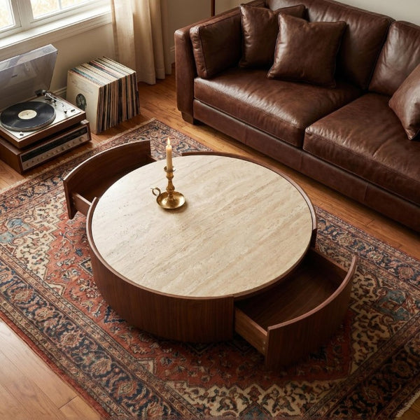 English Elm 39.3 Round Sintered Stone Coffee Table Walnut Veneer Travertine Top with Hidden Drawer W5098P533759