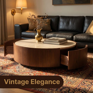 English Elm 39.3 Round Sintered Stone Coffee Table Walnut Veneer Travertine Top with Hidden Drawer W5098P533759