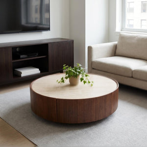 English Elm 39.3 Round Sintered Stone Coffee Table Walnut Veneer Travertine Top with Hidden Drawer W5098P533759