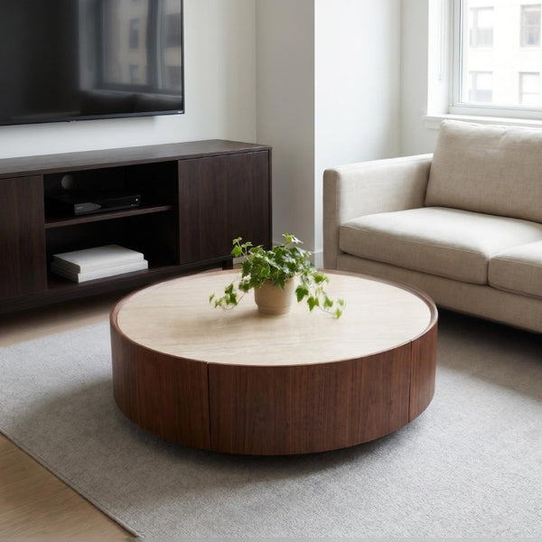 English Elm 39.3 Round Sintered Stone Coffee Table Walnut Veneer Travertine Top with Hidden Drawer W5098P533759