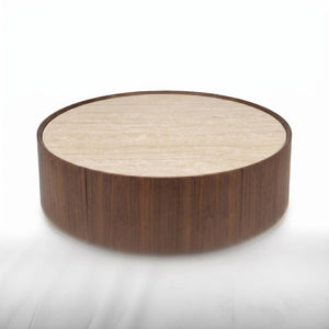 English Elm 39.3 Round Sintered Stone Coffee Table Walnut Veneer Travertine Top with Hidden Drawer W5098P533759