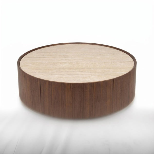English Elm 39.3 Round Sintered Stone Coffee Table Walnut Veneer Travertine Top with Hidden Drawer W5098P533759