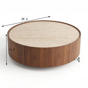 English Elm 39.3 Round Sintered Stone Coffee Table Walnut Veneer Travertine Top with Hidden Drawer W5098P533759