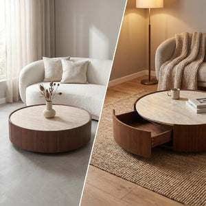 English Elm 39.3 Round Sintered Stone Coffee Table Walnut Veneer Travertine Top with Hidden Drawer W5098P533759