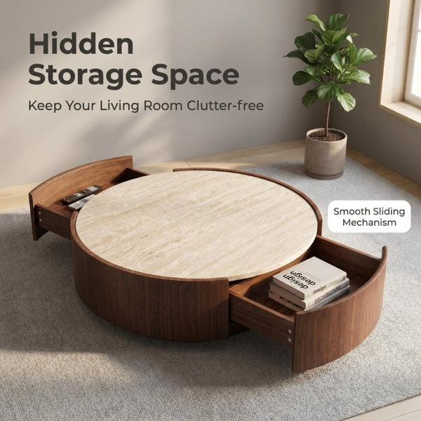 English Elm 39.3 Round Sintered Stone Coffee Table Walnut Veneer Travertine Top with Hidden Drawer W5098P533759