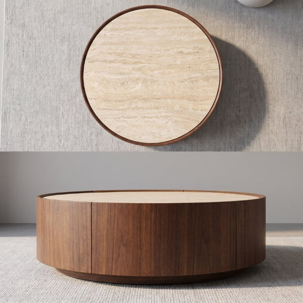 English Elm 39.3 Round Sintered Stone Coffee Table Walnut Veneer Travertine Top with Hidden Drawer W5098P533759