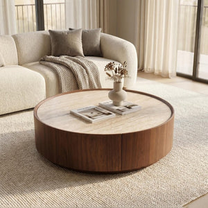 English Elm 39.3 Round Sintered Stone Coffee Table Walnut Veneer Travertine Top with Hidden Drawer W5098P533759