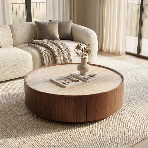 English Elm 39.3 Round Sintered Stone Coffee Table Walnut Veneer Travertine Top with Hidden Drawer W5098P533759